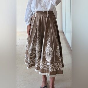 Elegant Brown and White printed Skirt with Lace Trim and Gold detailing